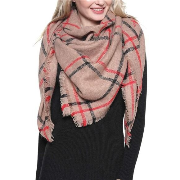 Plaid Print Oversized Blanket Scarf Tartan Checked Shawl Wrap Pashmina Tan Red - Picture 6 of 6